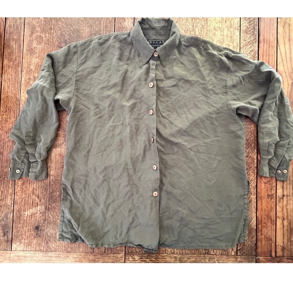 Vintage 100% silk shirt olive green‎ grey long sleeve women's M button-up Bogari